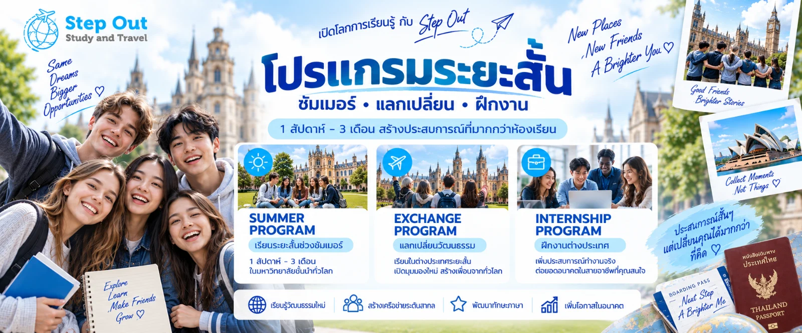 แบนเนอร์โปรโมชั่นเรียนต่ออังกฤษ ภาพนักเรียนห้าคนยิ้มหน้าหอนาฬิกาบิกเบน