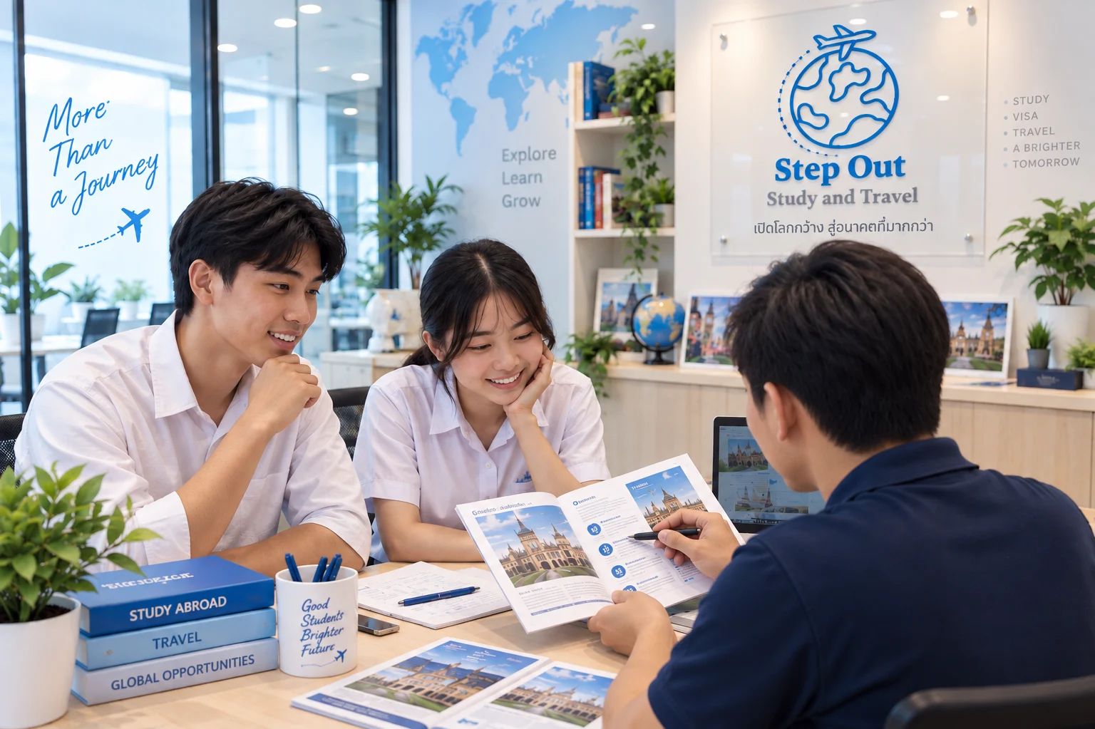 เจ้าหน้าที่ Step Out กำลังอธิบายข้อมูลหลักสูตรจากเอกสารให้ผู้ปกครองฟังที่สำนักงาน